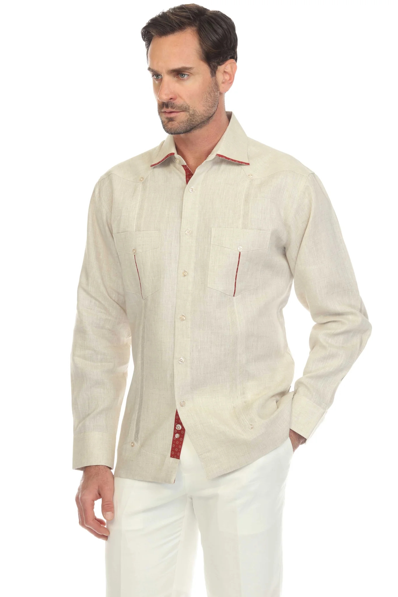 Mycubanstore item:M5404 100% Linen Chacabana Shirt with Pattern Details ...
