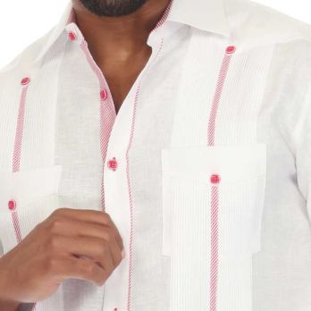 100% Linen Chacabana with contrasting trim on pleats. Short Sleeve