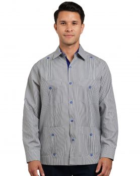 Pinstripe Guayabera Shirt with Contrast Accents.  Blue