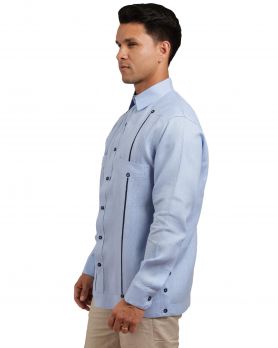Men Modern Guayabera Shirt Contrast Trim Long Sleeve 2 Pocket