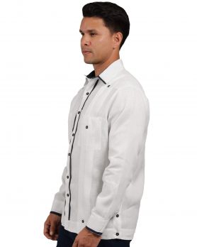 Men Premium Modern Guayabera Shirt Contrast Piping Long Sleeve 2 Pocket