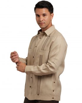 Men Classic Modern Guayabera Shirt Embroidered Detail Long Sleeve 2 Pocket
