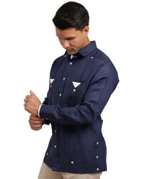 Men Modern Guayabera Shirt Triangle Pocket Design Long Sleeve 2 Pocket