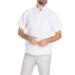 Band collar embroidered pleated linen shirt